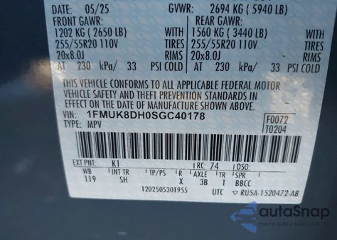 2025 Ford Explorer Active from USA, damaged, VIN 1FMUK8DH0SGC40178